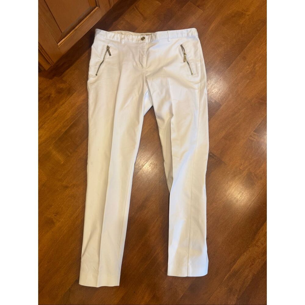 Michael Michael Kors Women’s White Ankle Pants Size 12 Gold Zip Stretch Slim Car